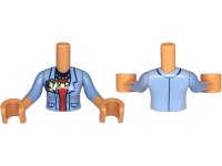 LEGO onderdeel Torso Mini Doll Woman Bright Light Blue Jacket Open over Red Shirt with Dark Blue Collar, Gold Necklaces and Pendant Pattern, Nougat Arms with Hands with Bright Light Blue Medium Long Sleeves FTWpb386c01