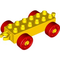 LEGO part Duplo Car Base 2 x 6 with Open Hitch End and Red Wheels with Fake Bolts (11248c02)
