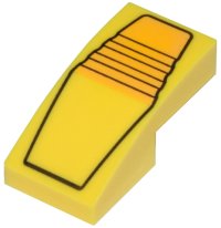 LEGO part Slope, Curved 2 x 1 x 2/3 with Black Outline and Ridges, Bright Light Orange Panel Pattern (Transformers Bumblebee Head Center) 11477pb191