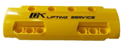 LEGO part Technic, Panel Curved 11 x 3 with 10 Pin Holes through Panel Surface with Black 'OK LIFTING SERVICE' Pattern (Sticker) - Set 42108 (11954pb010)