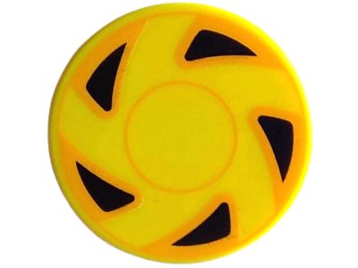 LEGO part Tile, Round 2 x 2 with Bottom Stud Holder with Hubcap with Circles and 5 Black Triangles with Bright Light Orange Edges Pattern (14769pb538)