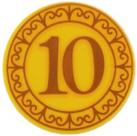 LEGO part Tile, Round 2 x 2 with Bottom Stud Holder with Coin with Dark Orange and Bright Light Orange '10' and Border with Filigree Pattern 14769pb774
