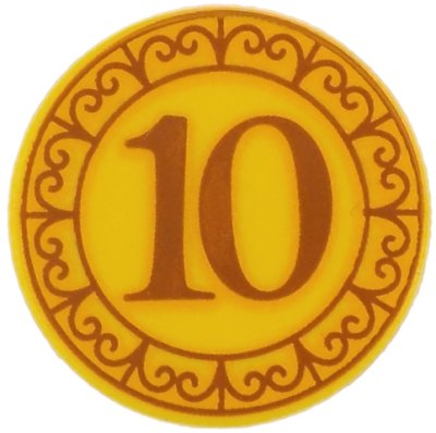 LEGO part Tile, Round 2 x 2 with Bottom Stud Holder with Coin with Dark Orange and Bright Light Orange '10' and Border with Filigree Pattern (14769pb774)