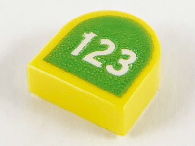 LEGO part Tile, Round 1 x 1 Half Circle Extended with White '123' on Lime Background Pattern (24246pb008)