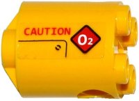 LEGO part Stein, rund 2 x 2 x 2 Roboter Körper mit unterem Achsenhalter (x Form / + Ausrichtung) mit rotem 'CAUTION' und Diamant Warnsymbol mit weißem 'O2' Muster Modell rechte Seite (Aufkleber) - Set 60092 30361cpb031R
