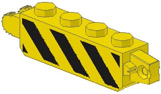 LEGO part Scharnier-Stein 1 x 4 Locking, 9 Teeth with Black and Yellow Danger Stripes Pattern on Both Sides (30387p01)
