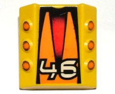 LEGO part Stein, modifiziert 2 x 2 ohne Noppen, schräg mit 6 seitlichen Zylindern erhöht und '46', orangefarbene Zylinder und Dreiecke Muster (30603px1)