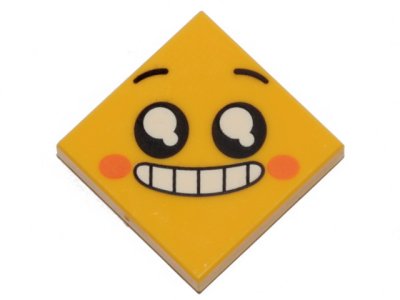 LEGO part Tile 2 x 2 with Face, Smile with Teeth and Open Mouth, Black Eyes with White Pupils, Raised Eyebrows, Orange Cheeks Pattern (3068pb1236)