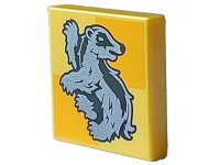 LEGO part Tile 2 x 2 with Silver Hufflepuff Crest on Bright Light Orange Squares Pattern 3068pb2360