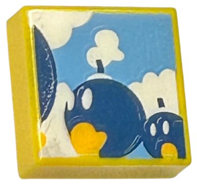 LEGO part Tile 1 x 1 with Dark Blue Walking Bombs and White Clouds on Medium Blue Background Pattern (Super Mario Bob-Omb Battlefield) (3070pb228)