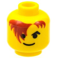 LEGO part Minifigure, Head Black Angled Eyebrow, Dark Red Hair Hanging over Right Eye, Standard Grin Pattern 3626p7a