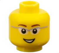 LEGO onderdeel Minifigure, Head Reddish Brown Eyebrows, Glasses with Light Bluish Gray Frame and White Lenses, Open Mouth Smile with Teeth Pattern 3626pb0331