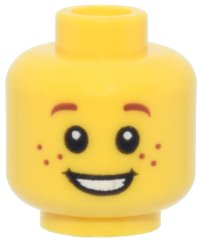 LEGO part Minifigure, Head Child with Reddish Brown Eyebrows and Freckles, Open Mouth Smile with Teeth Pattern 3626pb0471