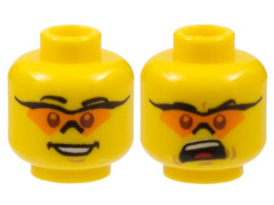 LEGO part Minifigure, Head Dual Sided Glasses with Orange Lenses, Smile / Mouth Open Upset Pattern (3626pb0583)