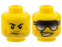 LEGO part Minifigure, Head Dual Sided Dark Bluish Gray Stubble, Orange Scuff Marks, Black Eyebrows and Scowl / Sunglasses and Lopsided Open Mouth Smile with Teeth Pattern 3626pb0750
