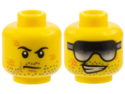 LEGO part Minifigure, Head Dual Sided Dark Bluish Gray Stubble, Orange Scuff Marks, Black Eyebrows and Scowl / Sunglasses and Lopsided Open Mouth Smile with Teeth Pattern (3626pb0750)