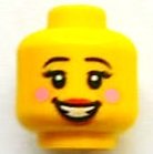 LEGO onderdeel Minifigure, Head Female Black Eyebrows, Eyelashes, Bright Pink Circles on Cheeks, Red Lips, Open Mouth Smile with Teeth Pattern 3626pb0914