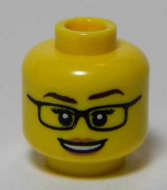 LEGO part Minifigure, Head Female Black Glasses, Dark Brown Eyebrows, Medium Nougat Lips, and Open Mouth Smile with Teeth Pattern (3626pb0981)