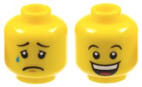 LEGO part Minifigure, Head Dual Sided Black Concave Eyebrows, Upper Eyelids, Tear Drop, Chin Dimple, and Sad Frown / Huge Open Mouth Smile with Top Teeth and Red Tongue Pattern 3626pb1354
