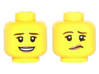LEGO part Minifigure, Head Dual Sided Female Dark Brown Eyebrows, Dark Tan Lips with Open Smile / Lip and Eyebrow Raised Pattern (3626pb1501)