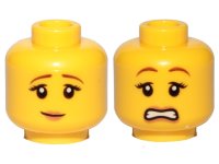 LEGO part Minifigure, Head Dual Sided Female Reddish Brown Eyebrows, Black Eyelashes, Nougat Lips, Slight Grin / Scared Open Mouth with Teeth Pattern 3626pb1571
