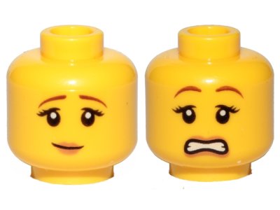 LEGO part Minifigure, Head Dual Sided Female Reddish Brown Eyebrows, Black Eyelashes, Nougat Lips, Slight Grin / Scared Open Mouth with Teeth Pattern (3626pb1571)