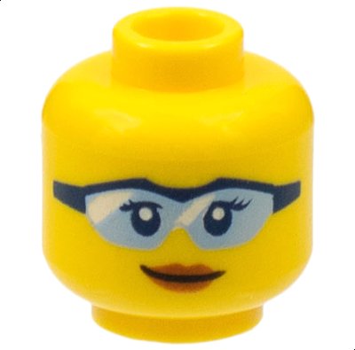 LEGO onderdeel Minifigure, Head Female Glasses with Bright Light Blue Lenses and Dark Blue Frame, Dark Orange Lips, Closed Mouth Smile Pattern (3626pb1766)