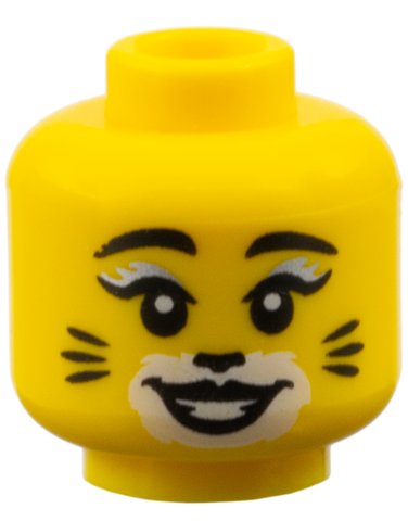LEGO part Minifigure, Head Female, Black Eyebrows and Eyelashes with Silver Highlight, White Makeup with Black Cat Nose and Whiskers Pattern (3626pb2084)