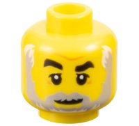 LEGO part Minifigure, Head Black Eyebrows, Right Raised, Dark Orange Brow Furrow, Crow's Feet, Light Bluish Gray Beard, White Highlights Pattern 3626pb2144