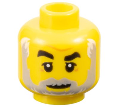 LEGO part Minifigure, Head Black Eyebrows, Right Raised, Dark Orange Brow Furrow, Crow's Feet, Light Bluish Gray Beard, White Highlights Pattern (3626pb2144)
