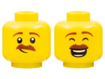 LEGO part Minifigure, Head Dual Sided Reddish Brown Eyebrows and Moustache, Lopsided Grin / Closed Eyes, Open Mouth Smile with Teeth Parted Pattern (3626pb2148)