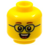 LEGO part Minifigure, Head Child Reddish Brown Eyebrows, Dark Blue Glasses, Open Mouth Smile with Top Teeth and Red Tongue Pattern 3626pb2149