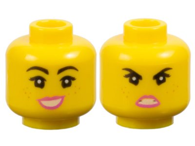 LEGO part Minifigure, Head Dual Sided Female Black Eyebrows, Eyelashes, Freckles, Dark Pink Lips, Lopsided Open Mouth Smile Large with Teeth / Angry Pattern - Hollow Stud (3626pb2263)