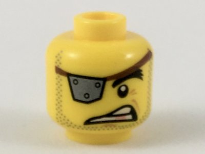 LEGO part Minifigure, Head Male Silver Eye Patch with Rivets, Raised Eyebrow, Copper Tooth, Stubble Pattern (MetalBeard) - Hollow Stud (3626pb2269)