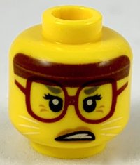 LEGO part Minifigure, Head Female, Reddish Brown Headband, Dark Red Glasses, White Cat Whiskers, Scowling Pattern - Hollow Stud 3626pb2310