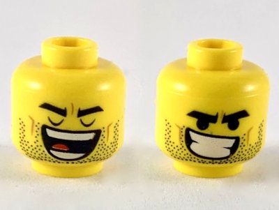 LEGO part Minifigure, Head Dual Sided Black Eyebrows, Stubble, Closed Eyes and Wide Open Mouth / Lopsided Grin with Teeth Pattern (Rex Dangervest) - Hollow Stud (3626pb2361)