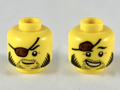 LEGO part Minifigure, Head Dual Sided Reddish Brown Eye Patch, Black Stubble and Side Whiskers, Neutral / Smiling with Raised Eye Patch Pattern - Hollow Stud (3626pb2401)