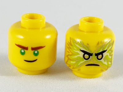 LEGO part Minifigure, Head Dual Sided Reddish Brown Eyebrows, Green Eyes, Crooked Smile / Black Eyebrows, Gold Eyes, Energy, Angry Pattern (Lloyd) - Hollow Stud (3626pb2445)