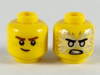 LEGO part Minifigure, Head Dual Sided Reddish Brown Eyebrows, White Pupils, Lopsided Smile / Black Eyebrows, Flat Silver Eyes, Energy, Angry Pattern (Jay) - Hollow Stud 3626pb2446