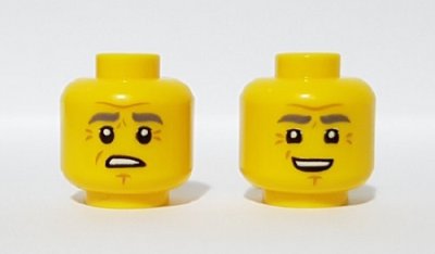 LEGO part Minifigure, Head Dual Sided Dark Bluish Gray Eyebrows, Wrinkles, Worried / Smile Pattern - Hollow Stud (3626pb2450)