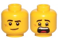 LEGO part Minifigure, Head Dual Sided Black Eyebrows, Cheek Scar, Lopsided Smile / Scared Pattern - Hollow Stud 3626pb2454