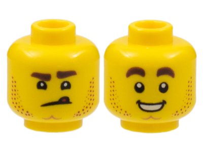 LEGO part Minifigure, Head Dual Sided Stubble, Dimpled Chin, Angry Scowl with Tongue / Smile with Teeth Pattern - Hollow Stud (3626pb2460)