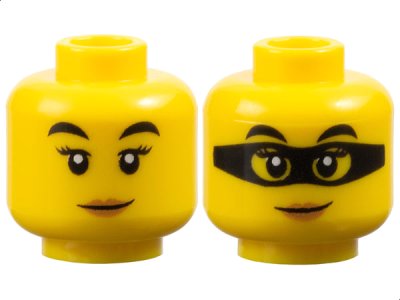 LEGO part Minifigure, Head Dual Sided Female Black Eyebrows, Eyelashes, Medium Nougat Lips, Lopsided Grin / Black Mask Pattern - Hollow Stud (3626pb2533)