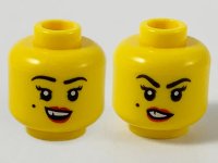 LEGO part Minifigure, Head Dual Sided Female, Black Eyebrows and Beauty Mark on Right Cheek, Red Lips and Chipped Tooth, Smile / Sneer Pattern - Hollow Stud 3626pb2605