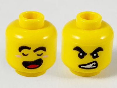 LEGO part Minifigure, Head Dual Sided Black Thick Eyebrows, Closed Eyes and Open Mouth with Red Tongue / Angry with Bared Teeth Pattern - Hollow Stud (3626pb2616)