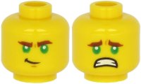 LEGO part Minifigure, Head Dual Sided Reddish Brown Thick Eyebrows, Green Eyes, Chin Dimple, Lopsided Grin / Scared with Teeth Pattern - Hollow Stud 3626pb2633