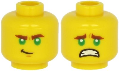 LEGO part Minifigure, Head Dual Sided Reddish Brown Thick Eyebrows, Green Eyes, Chin Dimple, Lopsided Grin / Scared with Teeth Pattern - Hollow Stud (3626pb2633)