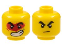 LEGO part Minifigure, Head Dual Sided Black Thick Eyebrows, Frown / Large Lopsided Open Mouth Grin with Teeth, Red Paint Splotch Around Eyes Pattern - Hollow Stud 3626pb2643