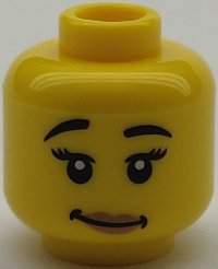 LEGO part Minifigure, Head Female Black Eyebrows Raised, Eyelashes, Medium Nougat Lips, Lopsided Grin with Dimples Pattern - Hollow Stud 3626pb2664
