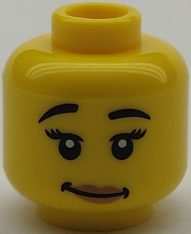 LEGO part Minifigure, Head Female Black Eyebrows Raised, Eyelashes, Medium Nougat Lips, Lopsided Grin with Dimples Pattern - Hollow Stud (3626pb2664)